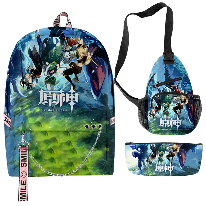 

3pcs/set Genshin Impact Backpack 3D Print School Bag Sets for Teenager Boys Girls Cool Cartoon Kids Schoolbags Children Mochilas