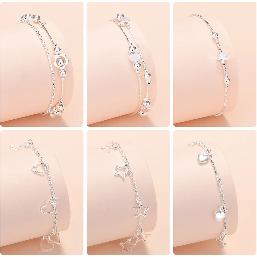 Bracciale Donna A Cuore Regolabile – Braccialetto Dell'Amicizia In Argento, Catena Con Perline