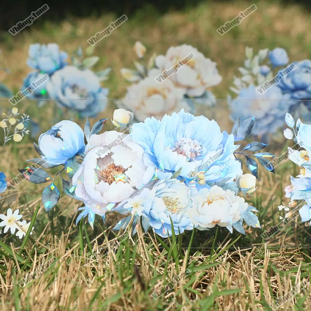 레이저 PET 테이프 꽃 와시 테이프, 푸른 꽃 장식 마스킹 테이프, 스크랩북 스티커, 미적 콜라주 재료
