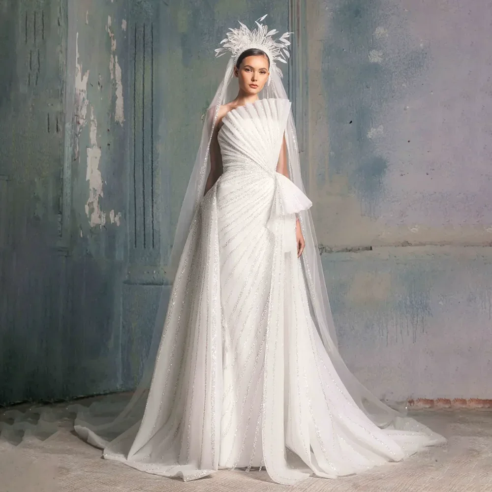 

Luxury Beads Sequined White Wedding Dress 2024 Fashion Strapless Sleeveless Sheath Gowns Elegant Court Train Bride Dresses