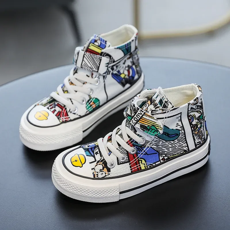 Children's High-top Canvas Shoes  Boys Baby Shoes Graffiti 2023 New Spring and Autumn Girls ShoesNon-slip Sneakers