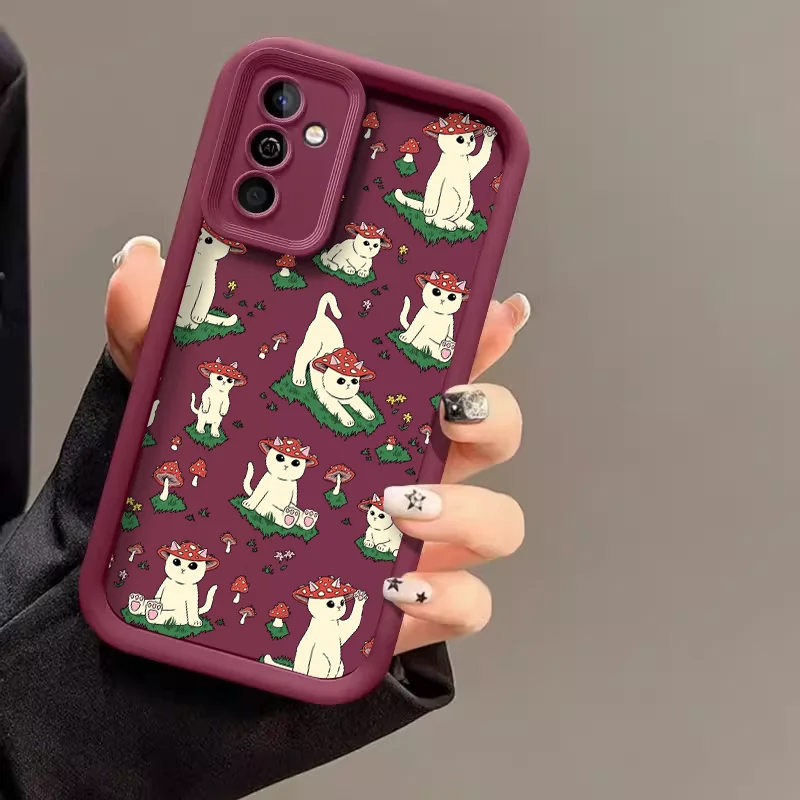 Whimsical Cartoon Cat & Mushroom Silicone Phone Case - Soft and Protective Cover