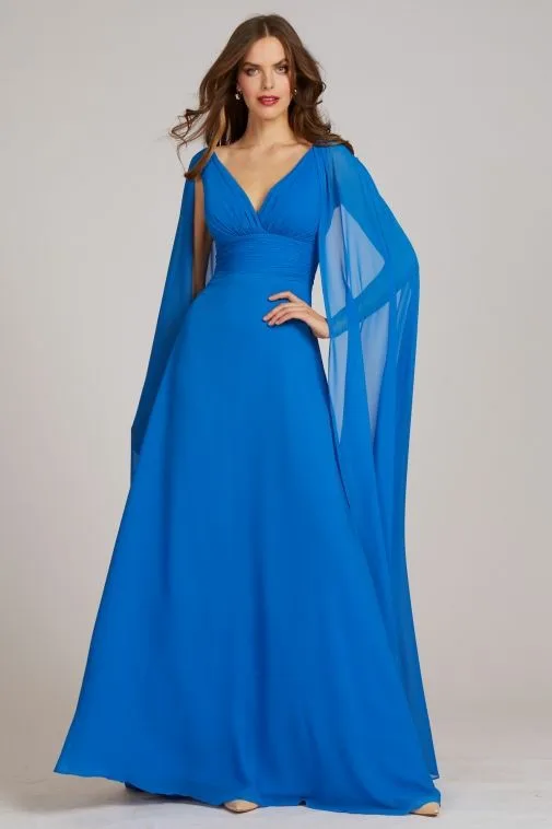 

Elegant Long Blue Chiffon Evening Dresses With Cape A-Line V-Neck Pleated Floor Length Formal Occasion Prom Party Gowns