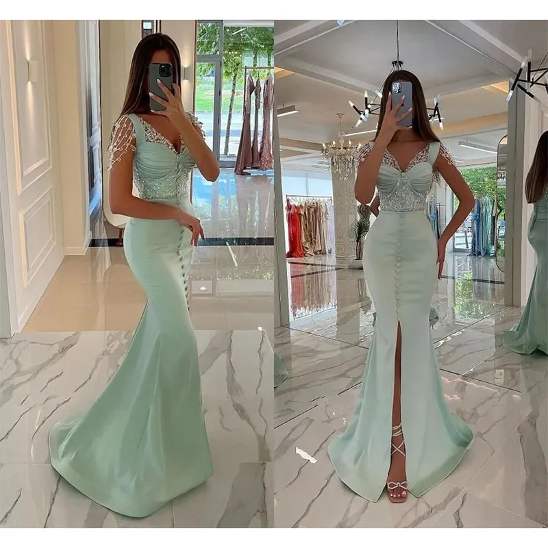 

Mint Green Mermaid Evening Dress Beadings Tassel V Neck Front Split Formal Occasions Prom Party Celebrity Birthday Pageant Gowns