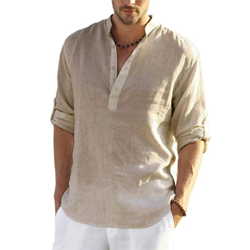 

Men's Cotton Linen Shirt Casual Solid Long Sleeve Tee Shirt Loose Tops Spring Autumn Male Buttons V Neck Handsome Blouse Shirts