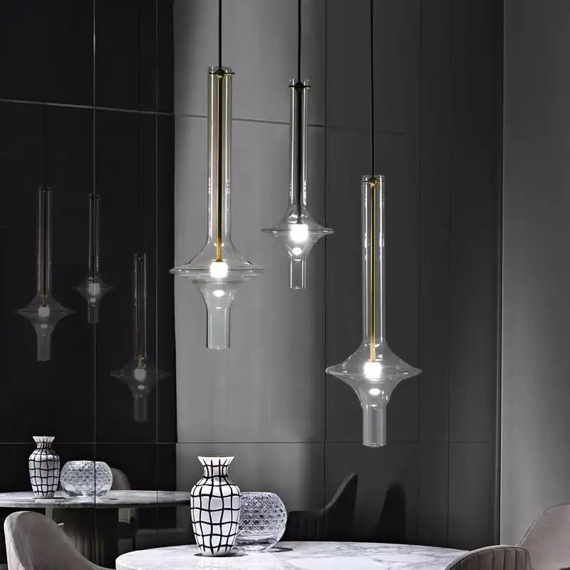 Smoke Ash Amber Glass Tube Pendant Light Dining Room Bedroom Bedside Kitchen Lamp LED Long Line Chandelier 3
