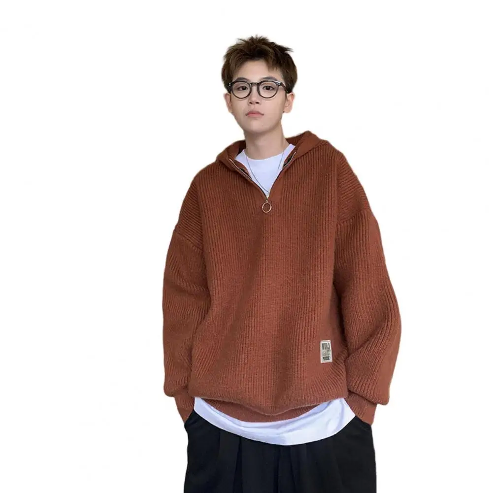 

2023 Men Pullover Sweater Placket Zipper Hooded Loose Keep Warm Autumn Casual Knitted Sweater Men
