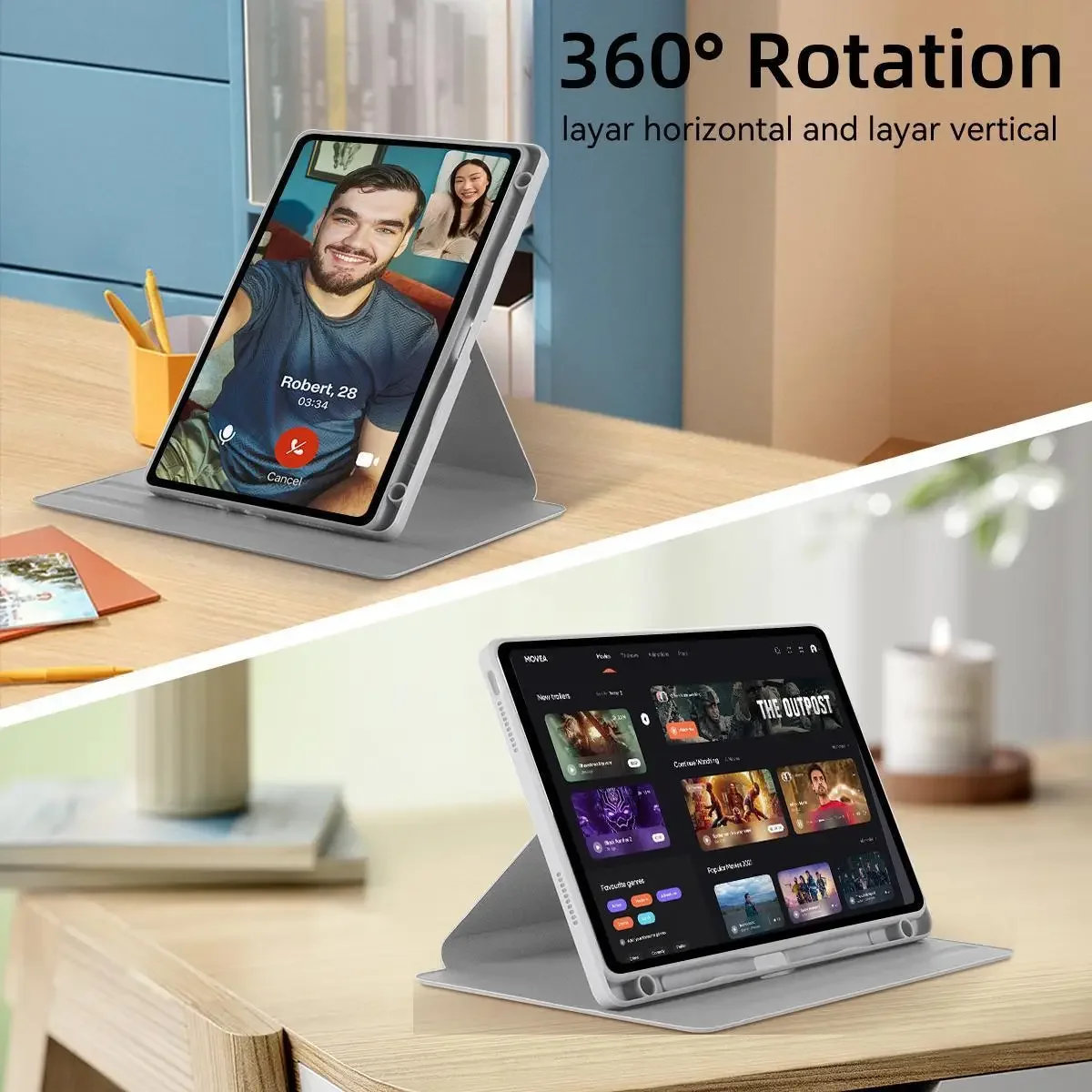 360° Rotating Clear Acrylic Tablet Case with Pencil Holder and Auto Sleep/Wake Feature, Shockproof Design