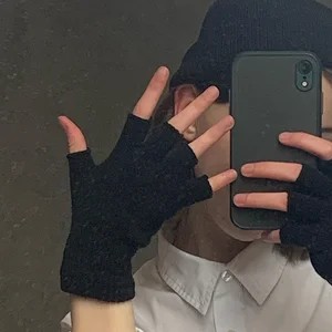 1 пара черных коротких перчаток на полпальца, вязаные эластичные теплые перчатки унисекс на запястье, однотонные зимние мягкие перчатки, велосипедные аксессуары