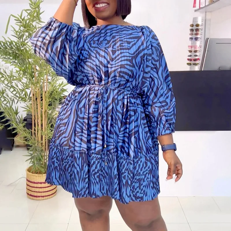 Plus Size Mini Dress Women Print Pleated Long Sleeve Elegant Party Dress 2023 Spring Casual Robe Female Designer Fashion Outfit