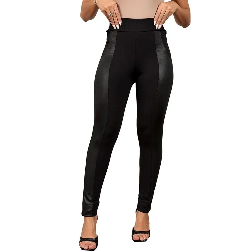 2024 New Women's Knitted Leather Patchwork Pencil Pants Black Sexy High Waist Elastic Waist Trousers Slim Leggings NASY0013