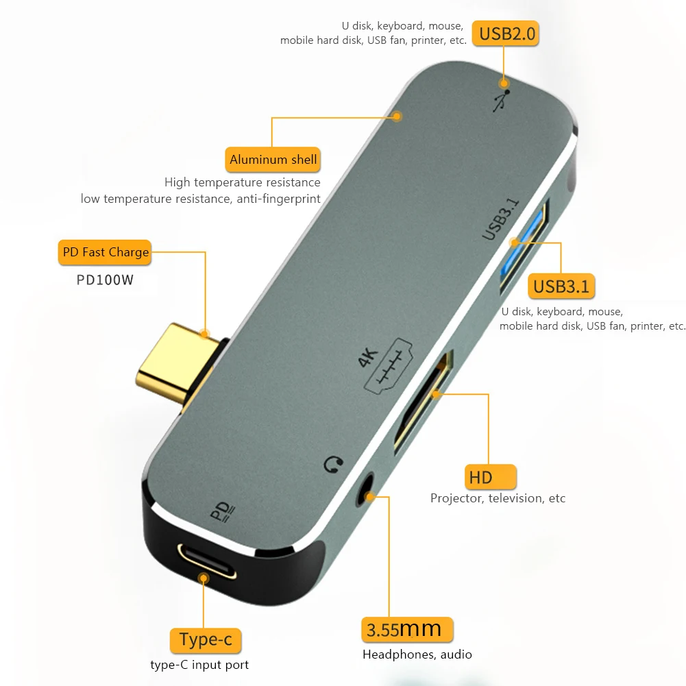 PC 컴퓨터 타입-C 확장 허브 3.55mm 잭 PD100W USB3.0/USB2.0/USB3.1 HDMI 호환 USB 확장기