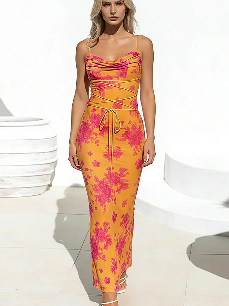 New Fashion Women's U-Neck Floral Printing Suspender Dress Sexy Summer Elegant Women's  Backless Lace-Up Bodycon Maxi Dress