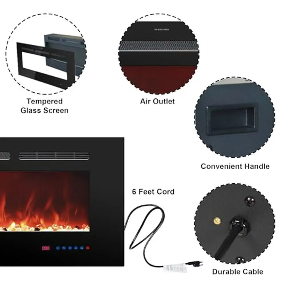 Fireplace Heater Wall Mount Remote Control 13 Flame Colors LED Display 750W/1500W Heat BTUs Safety Glass 400 sq.ft Warmth 5