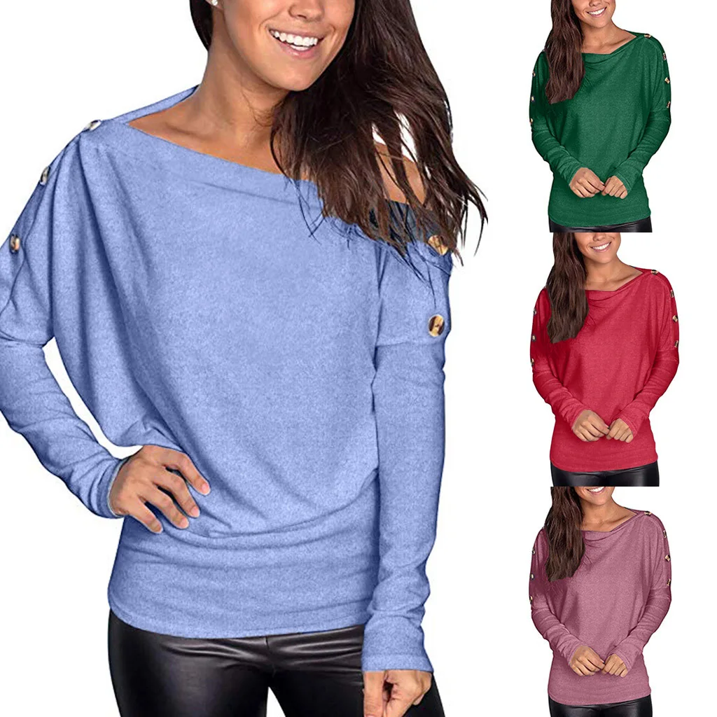 

2022 Women Ladies Autumn Winter Sexy Solid Color Off-Shoulder T-Shirt Buttons Pullover Tops Women's Long Sleeve Clothing