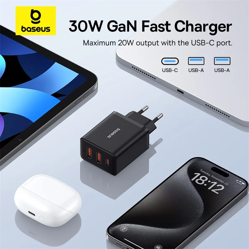 Baseus 30W USB Charger QC3.0 PD3.0 Type C PD Fast Charging 3 Ports Quick Phone Charger For iPhone 15 14 13Pro Max Xiaomi Samsung Best Sellers In Phones Accessories