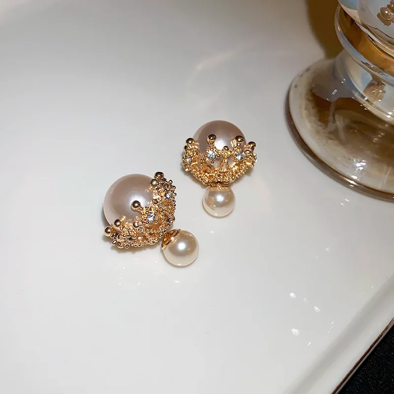 Pendientes brillantes de doble cara para mujer, aretes de sirena y perlas de princesa, joyería exquisita a la moda, regalo