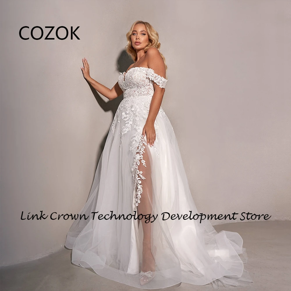 

COZOK Strapless Wedding Dresses for Women Side Slit Bridal Gowns with Lace Off Shoulder Vestidos De Novia Lace Soft Tulle