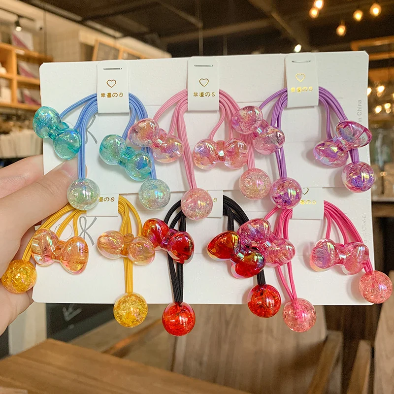 

2PCS Set Solid Color Bubble Butterfly Bow Long Elastic Hair Band For Girl Children Cute Kawaii Fancy Rubber Ties Accessories