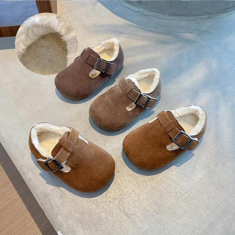Children's Suede Leather Children's Boots Autumn Winter Plush Leather Boots Casual Shoes Boys and Girls' Warm Cotton Shoes