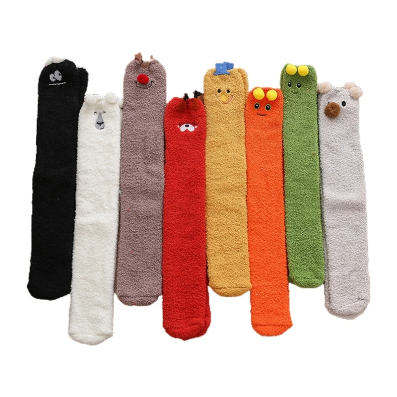 

8 Pair Winter Warm Coral Knee High Socks Cartoon Fuzzy Sleeping Stockings