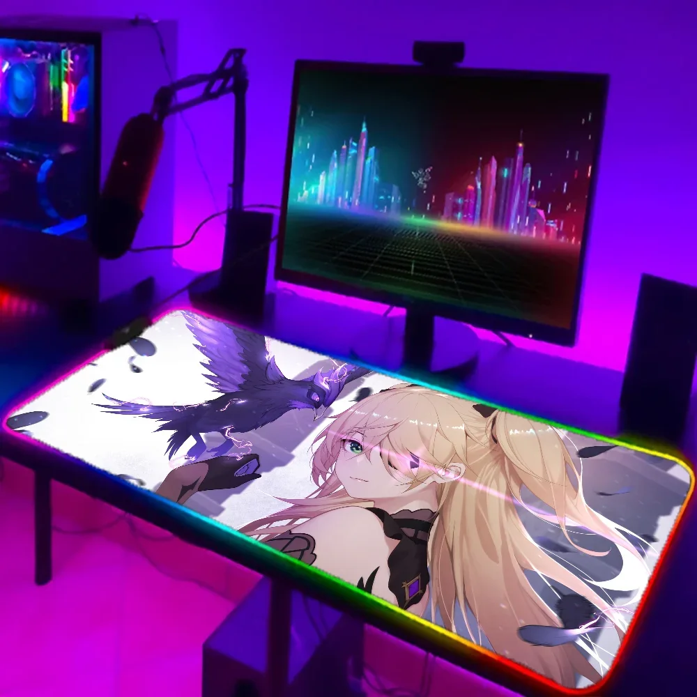 1pc Fischl Genshin Impact XXL RGB Gaming Mouse Pads HD Black Gamer Accessories Large LED 3