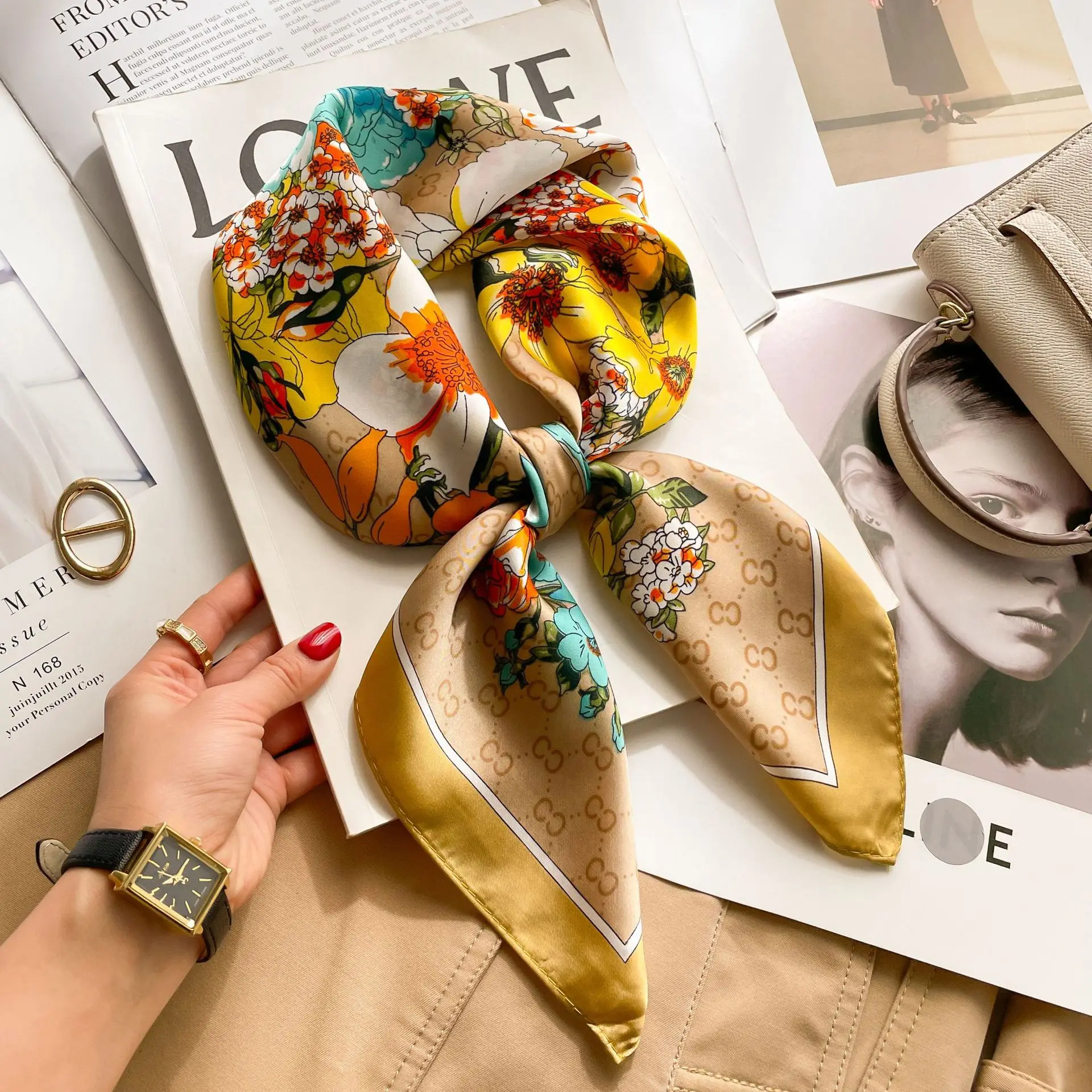 Luxury Design Satin Imitation Print Silk Scarf Square Women Neck