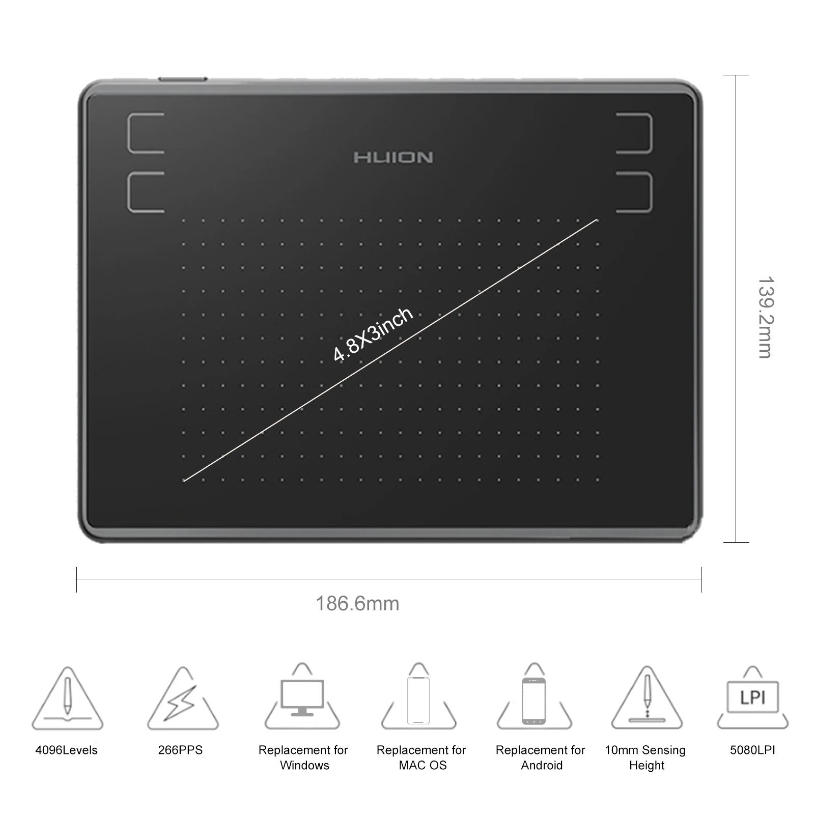 Huion 디지털 T-태블릿 필기 그래픽 드로잉 서명 보드 필기 키트 세트, 디지털 펜 4096 레벨, H430P, 4.8*3 인치