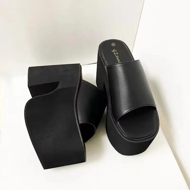 13cm Chunky Heeled Slippers Black Platform Sandals Women High Heels Summer Patent Leather Ladies Shoes Vrouw Slippers Zapato