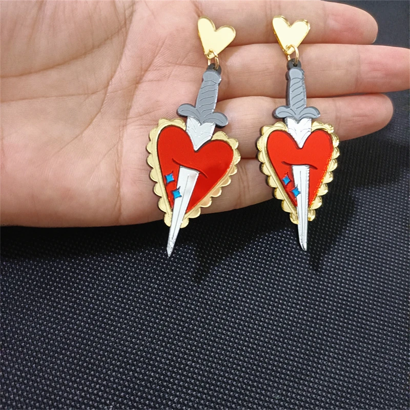 KUGUYS Stabbed Heart By Sword Ohrringe für Damen, Spiegel-Acryl, originell und lustig, rotgoldfarben, klassischer Schmuck, Accessoires – Detail 6
