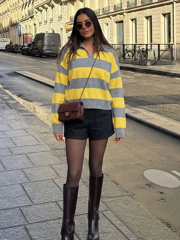 HH Spring Women Elegant Fashion Striped Knitted Sweater Polo Collar Long Sleeve Pullover Sweater High Street Lady Chic Tops