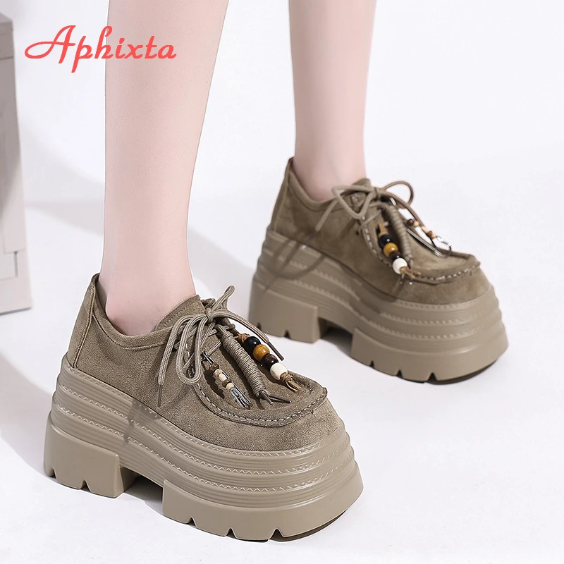 Aphixta Suede Upper Fringe Dec Women Ankle Boots 10cm High Heels Platform Woman Shoes Chunky Heel Lace Up Fashion Ladies Shoes