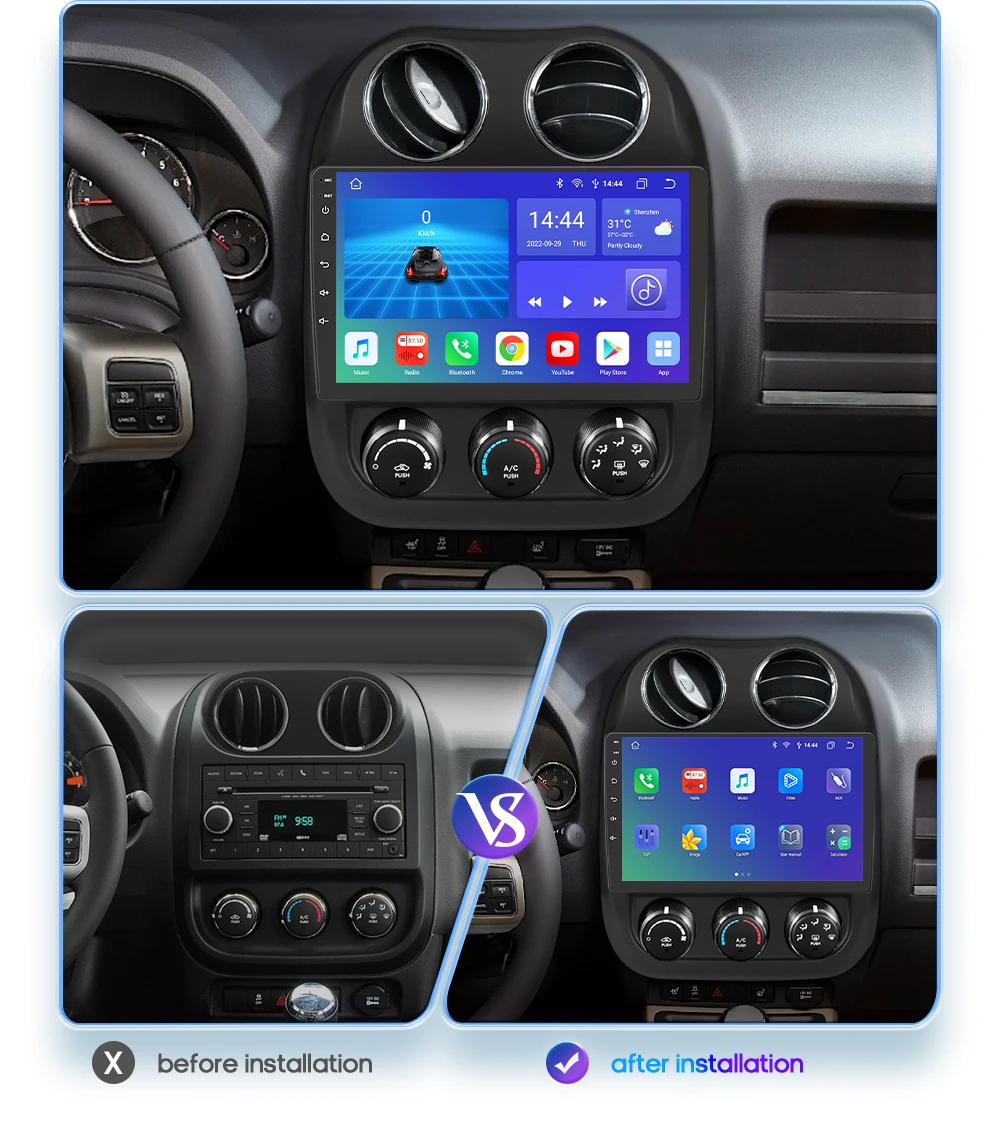 Personalisiertes Android Autoradio Für Jeep Compass (2016-2020) – 10 Zoll Touchscreen, GPS, CarPlay, DAB+ | Plug & Play