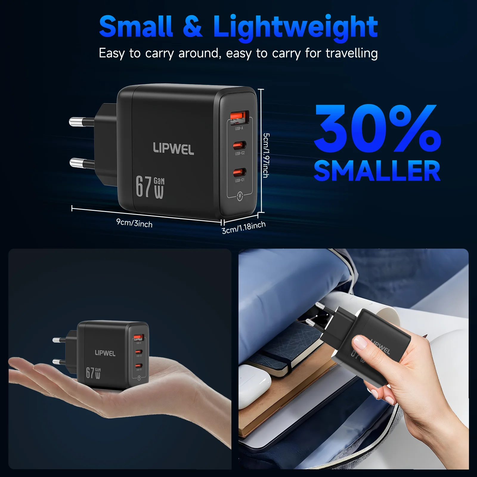High-Speed GaN Wall Charger with Smart Power Distribution - EU Plug for Home, Office, and Travel