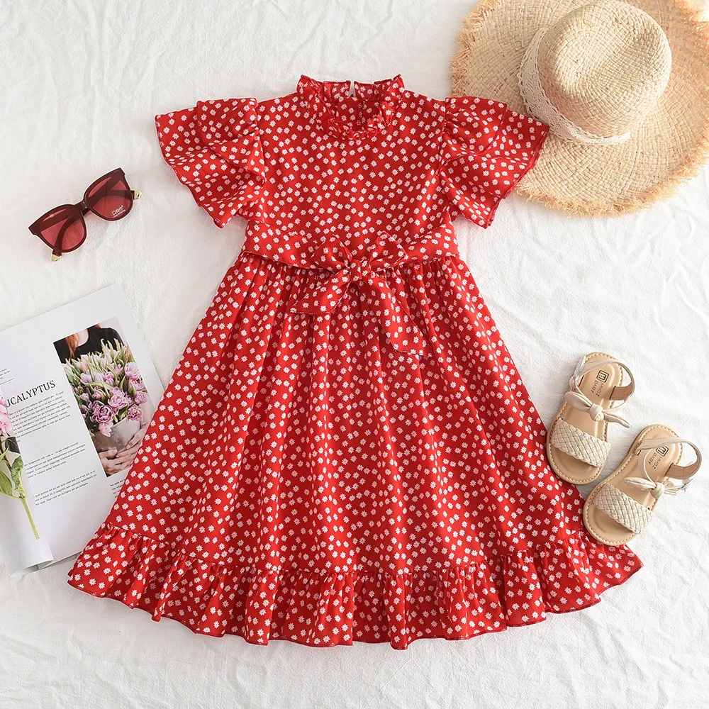 

2023 Summer New Arrival Girls Short Sleeve O Neck Ruffles Dot Red Cute Roupa Infantil Menina Cute Party Dress Custume 2-7T