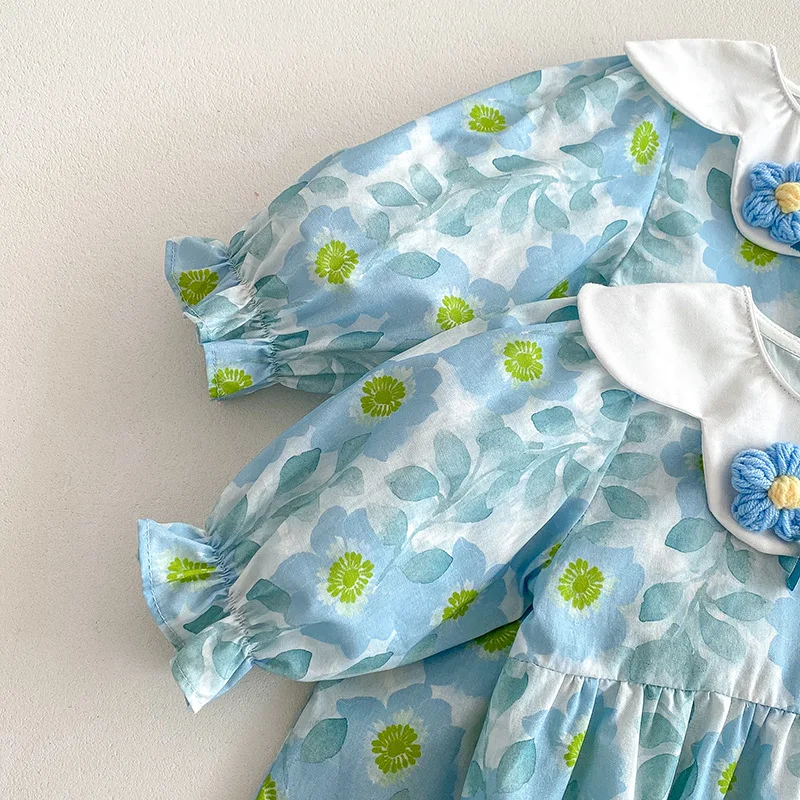 Blau Gedruckt Mädchen Kleid Baumwolle Baby Mädchen Kleider Neugeborenen Blume Drehen Unten Kragen Strampler Herbst Nette Bodys Kleidung – Detail 14