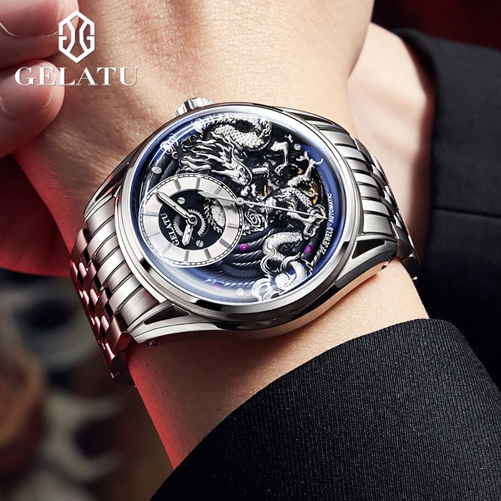 GELATU 6018 luksusowa marka męskość złoty smok automatyczne maszyny męski zegarek oryginalny wodoodporny zegarek męski ze stali nierdzewnej