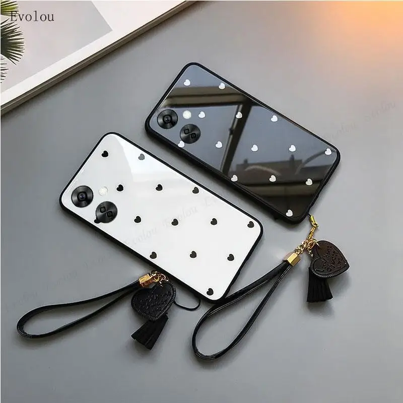 Tempered Glass Love Heart Case with Tassel Lanyard and Shockproof Soft Edge