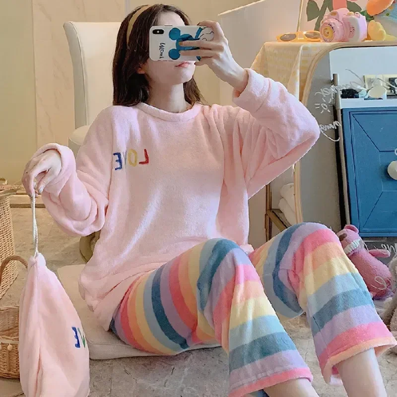 

2 Striped Pyjama Pajamas Sets Sleepwear Pijama Women's Casual Warm Ladies Pjs Winter Piece Flannel Mujer Homewear Autumn Velvet