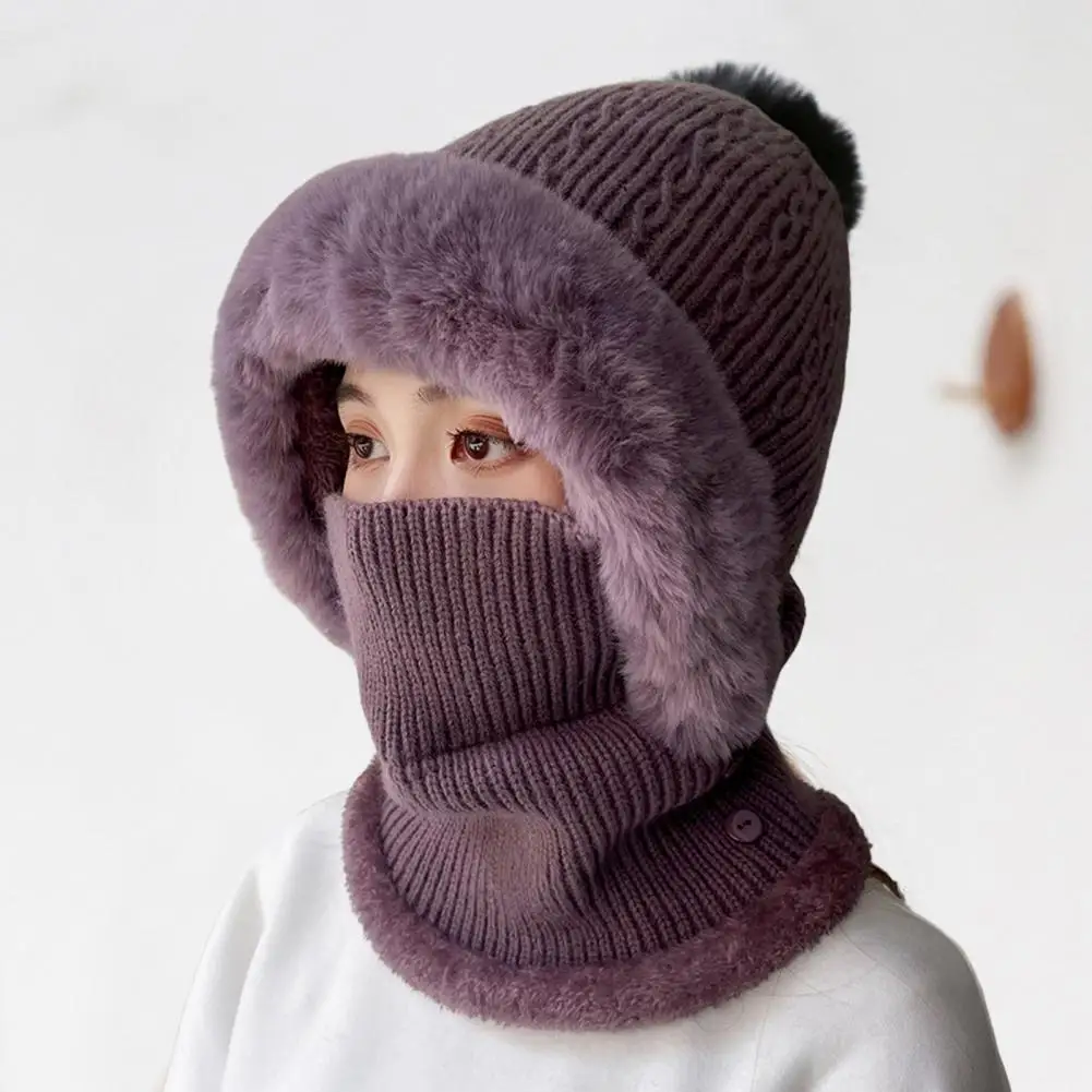 

Lady Knitted Hat Face Cover Neck Gaiter Warmer Beanie Cap Pure Color Fuzzy Plush Ears Protection Autumn Winter Hat For Outdoor