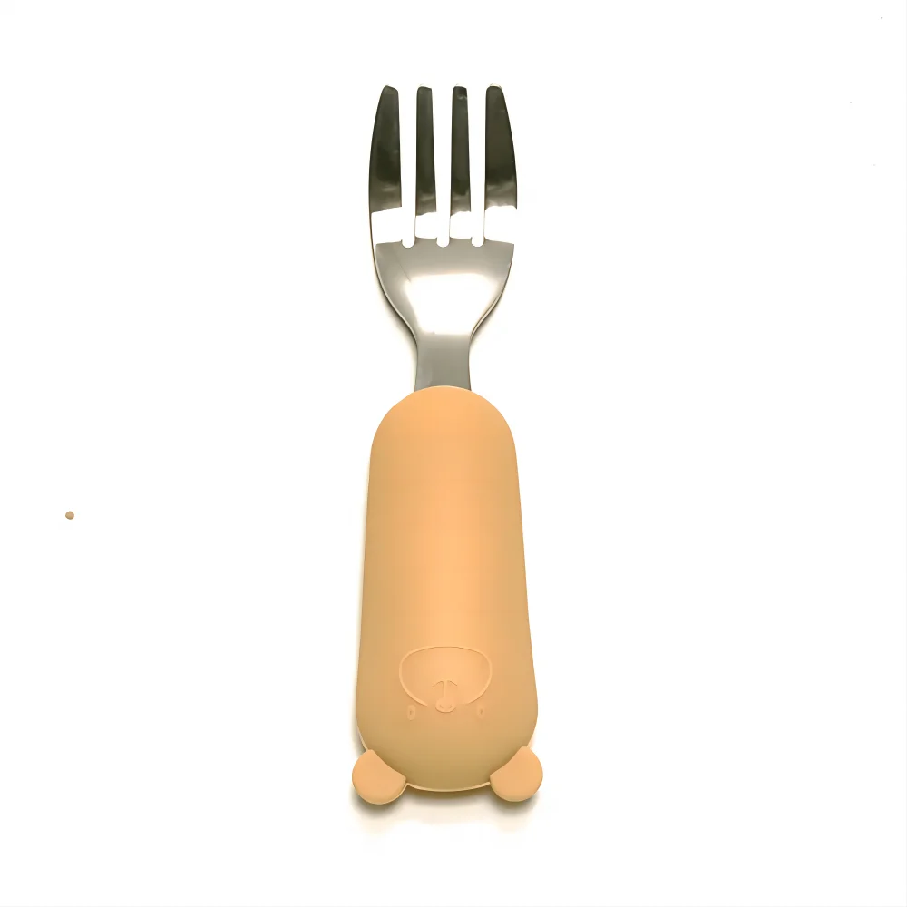 Baby auxiliary training fall silicone stainless steel rice cartoon bear short spoon fork eating utensils set