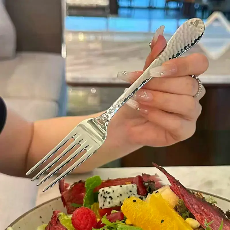 Stainless Steel Dinner Fork Long Handle Table Forks Set Korean Cutlery Four Tine Salad Dessert Fruit Forks Kitchen
