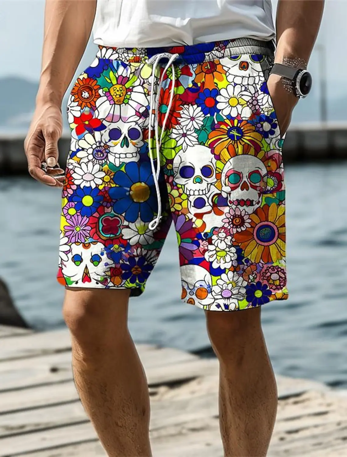 thumbnail image 1 of Bañador con estampado 3D de calavera y flores para hombre, estilo hawaiano, con cintura elástica y cordón, para vacaciones y playa, 2024, 1 of 4