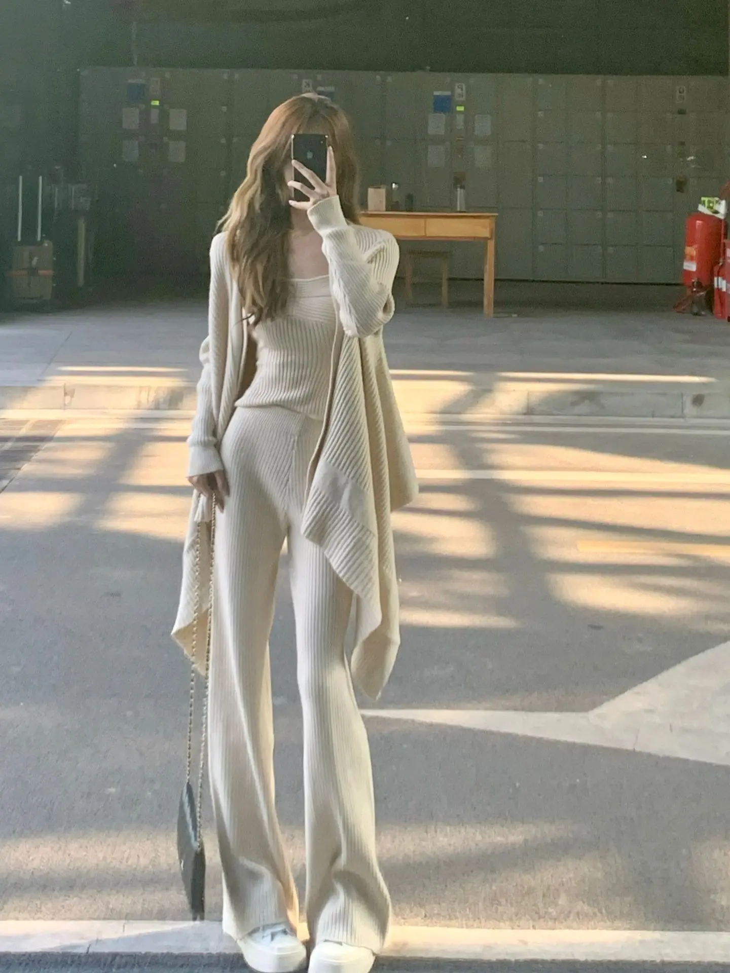 Conjunto de 3 piezas de punto liso para otoño e invierno, camiseta sin mangas para mujer, pantalones largos, cárdigan, suéter, jersey, moda coreana, conjuntos casuales, nuevo