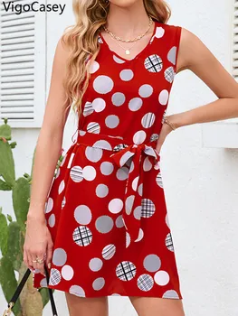 VigoCasey 2025 Summer Female Dot Print Mini Dress Women Sexy Sleeveless V Neck Clud Dress Lady Casual Belt Tight Short Dresses