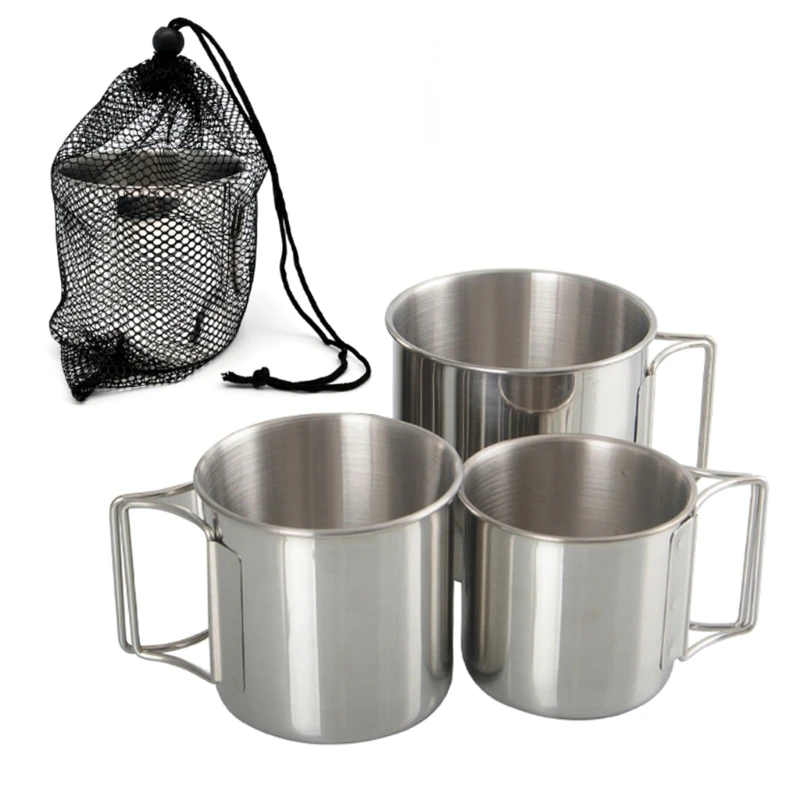 220/330/500ml Camping Water Mug with Foldable Handles Stainless Steel Pot 667A