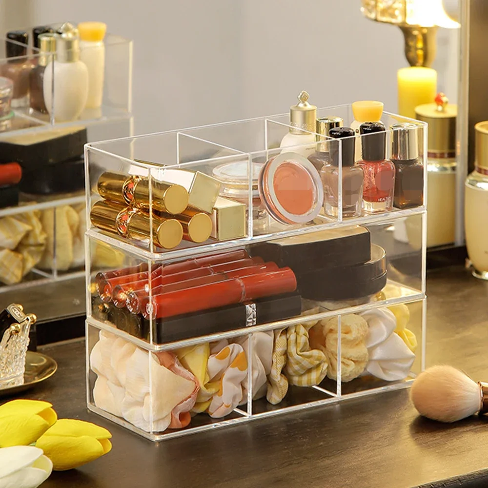 Clear Acrylic Makeup Layered Storage Box Dressing Table Cosmetic Lipstick Finishing Grid Box Desktop Drawer Storage Compartment 2