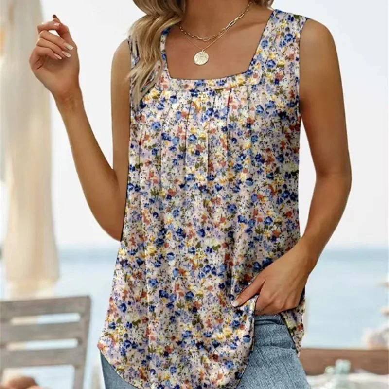 

2024 New Women's Tank Tops Ladies Clothing Camisole Summer Casual Sleeveless Square Collar Folds Fashion Daily Printed Vest Gift