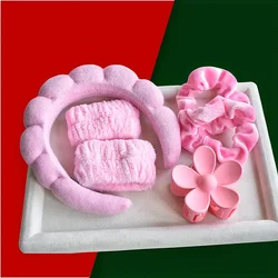 6-Piece Women's Spa Hairband Collection: Velvet Headband, Claw Clip, and Wristband Set - Size fits all (Pink)