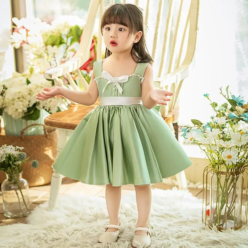 

Spanish Royal Lolita Princess Ball Gown Bow Beading Sleeveless Design Birthday Christening Dresses For Girl Easter Eid A1400